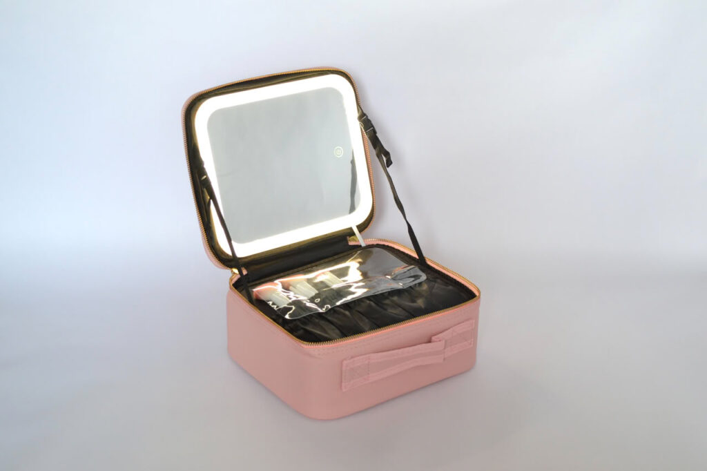 Large Capacity Travel Makeup Bag With 3 in 1 LED Light Mirror - Pink